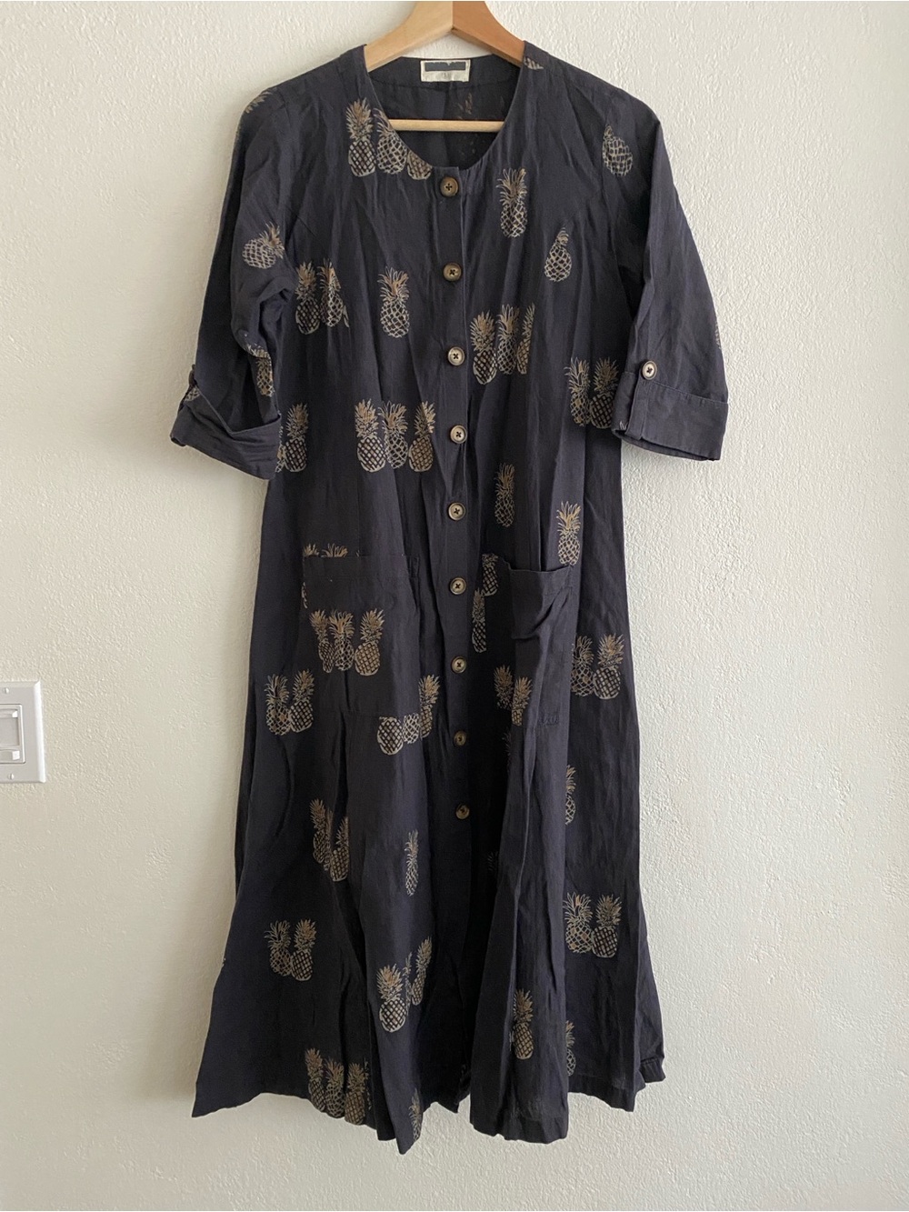 Women's Gray Cotton Pineapple-Print Button Front Dress